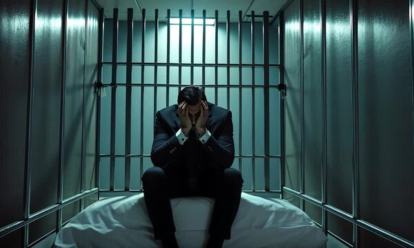 Businessman in a suit sitting in a prison cell, head in hands, conveying regret and despair after facing legal consequences. Generated with AI