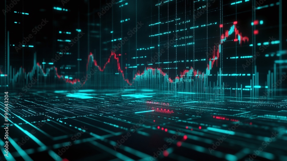 Poster futuristic digital data background with glowing graphs and charts representing financial analysis an