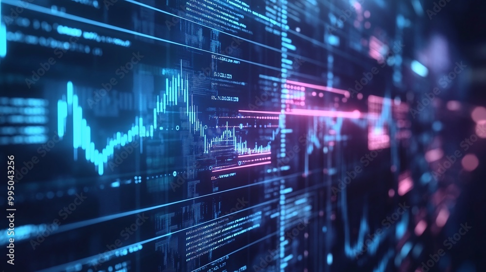 Poster futuristic digital data visualization with blue and pink abstract graphs on a dark background.