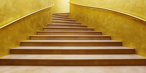 Naklejka premium A winding staircase with wooden steps and warm yellow walls, leading upward in a serene, inviting space.
