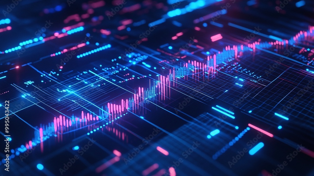 Poster futuristic digital data visualization with colorful graphs and neon lights in a dark background.