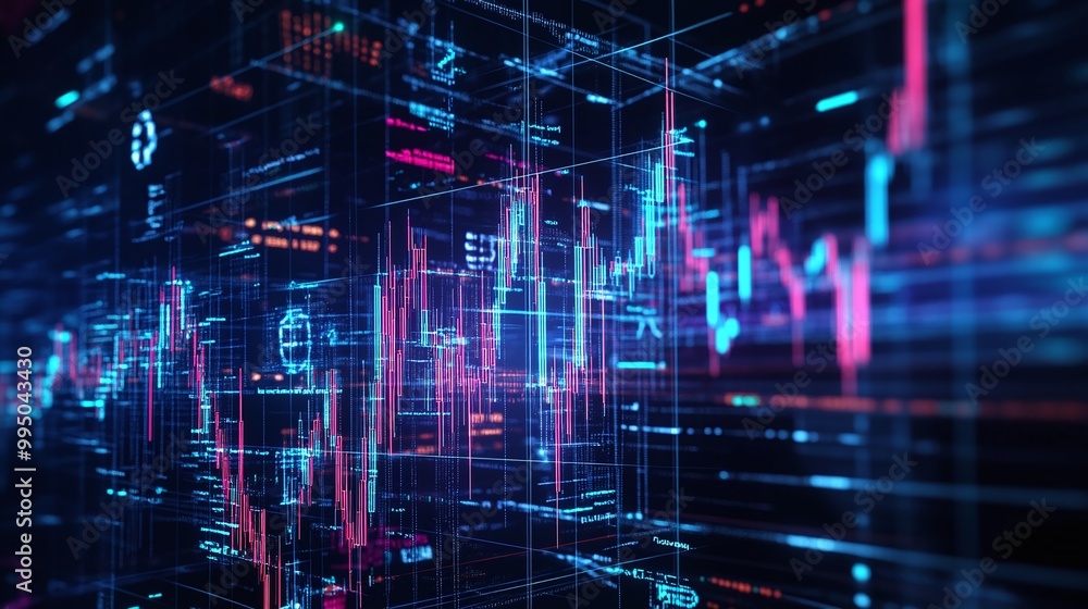 Poster futuristic digital data visualization with dynamic graphs and glowing colors, representing big data 