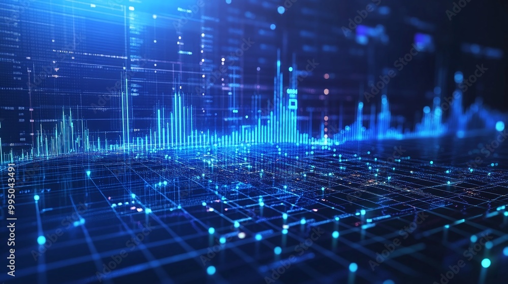 Poster futuristic digital data visualization with glowing blue lines and graphs on a dark background.