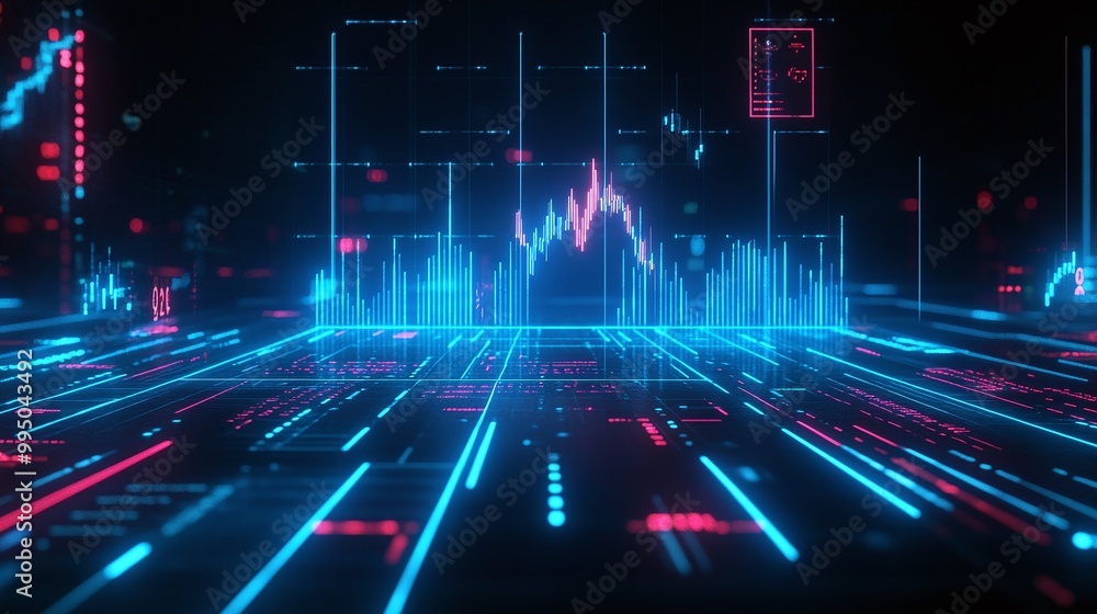 Poster futuristic digital data visualization with glowing blue and red elements against a dark background.