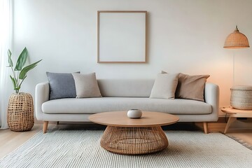 Cozy living room with neutral tones and natural elements.