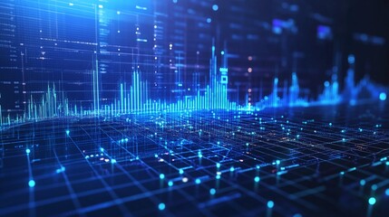 Futuristic digital data visualization with glowing blue lines and graphs on a dark background.
