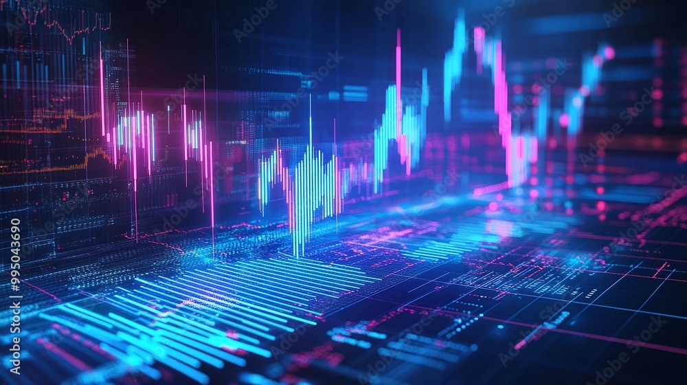 Poster futuristic digital data visualization with glowing graphs and charts on black background.