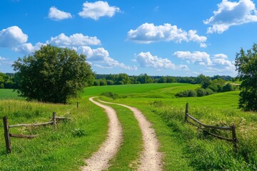 Obraz premium Serene Winding Dirt Path Through Lush Green Rolling Hills Under a Bright Blue Sky with Fluffy White Clouds, Perfect for Landscape and Nature Themes