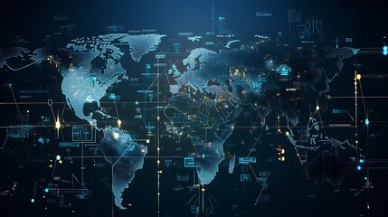 Fototapeta premium An artistic representation of the world map transformed into a futuristic digital illustration, showcasing the power and potential of AI in global connectivity.