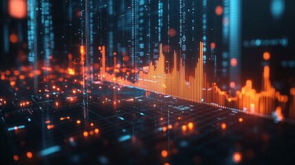 Fototapeta premium Futuristic digital data visualization with glowing graphs and binary code elements, representing advanced analytics.