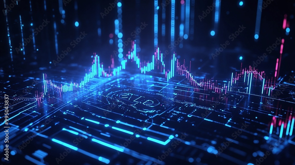 Poster futuristic digital data visualization with glowing graphs, charts, and binary codes on a dark backgr