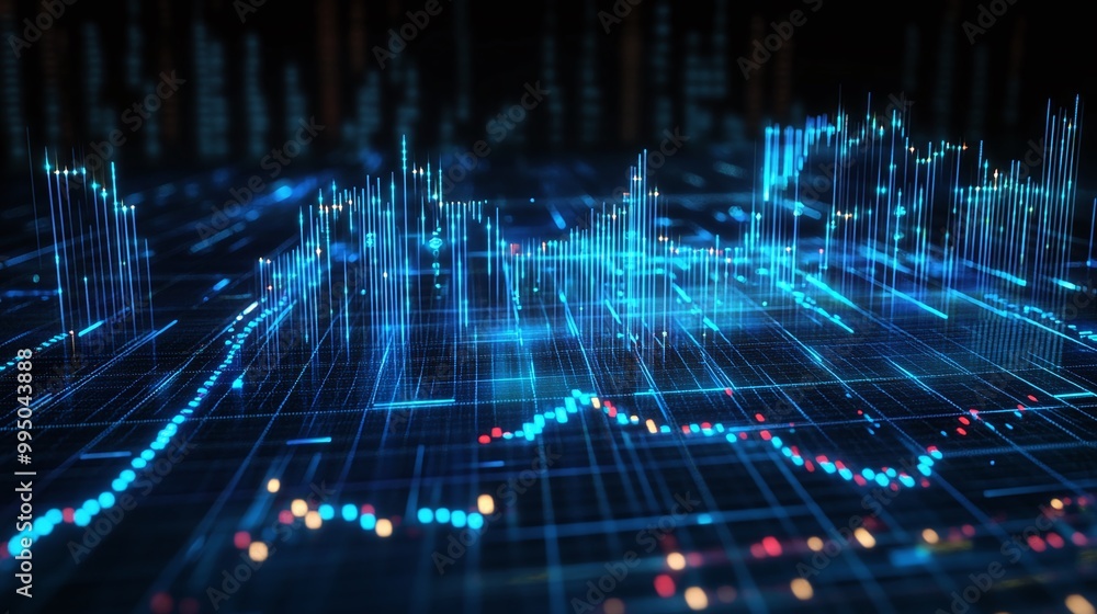 Poster futuristic digital data visualization with glowing lines and graphs on a dark background, representi