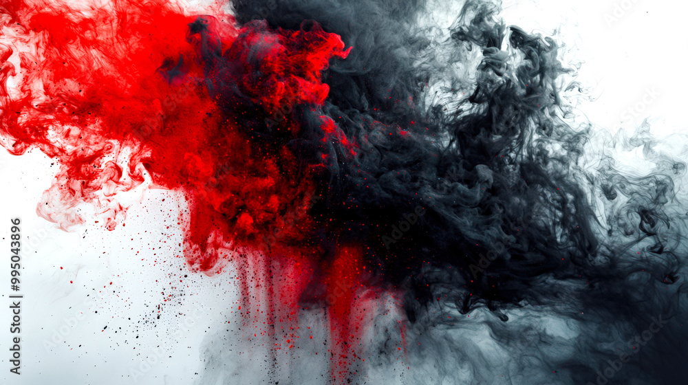 Wall mural red and black ink collide with each other in the air on a white background and paint particles fly i