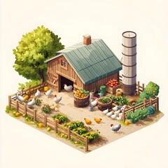 Isometric Cartoon Farm Scene with Chickens, Barn, and Farm Animals in a Simple Vector Design.