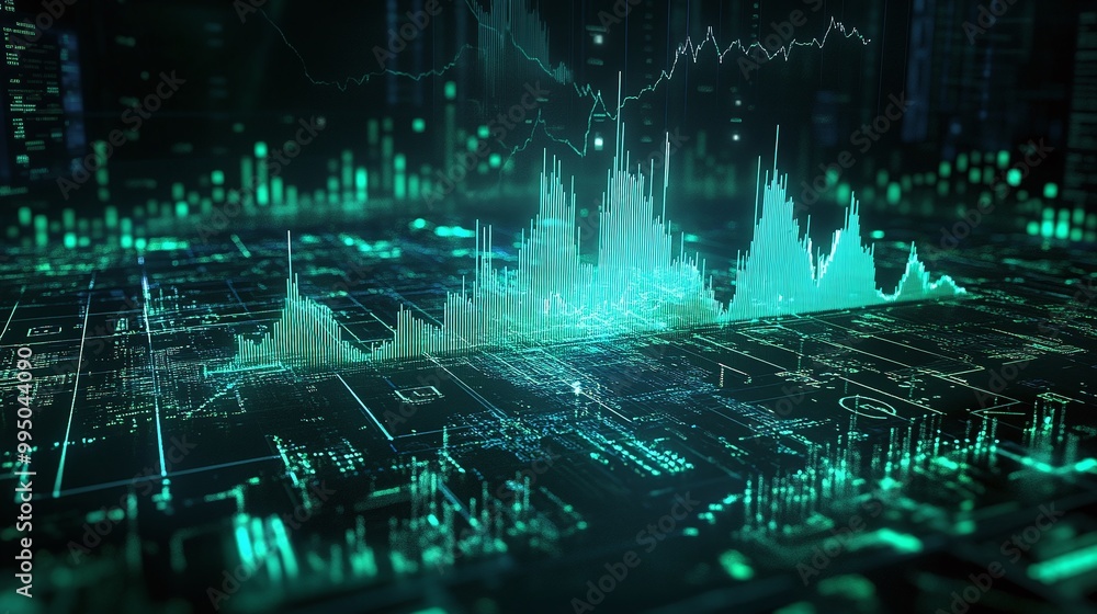 Poster futuristic digital data visualization with graph and analytical charts in glowing green hues, perfec