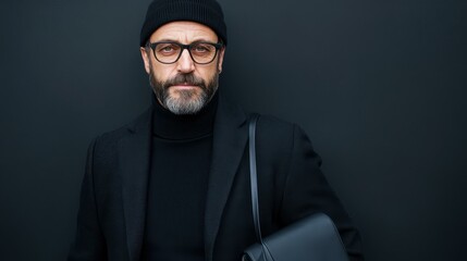 Fototapeta premium A casual man showcases sustainable fashion with an ecofriendly bag against a dark urban backdrop, exuding relaxed confidence.