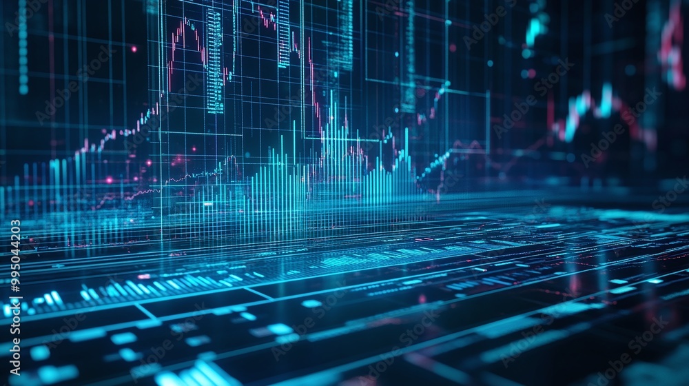 Poster futuristic digital data visualization with graphs and charts on a high-tech background.