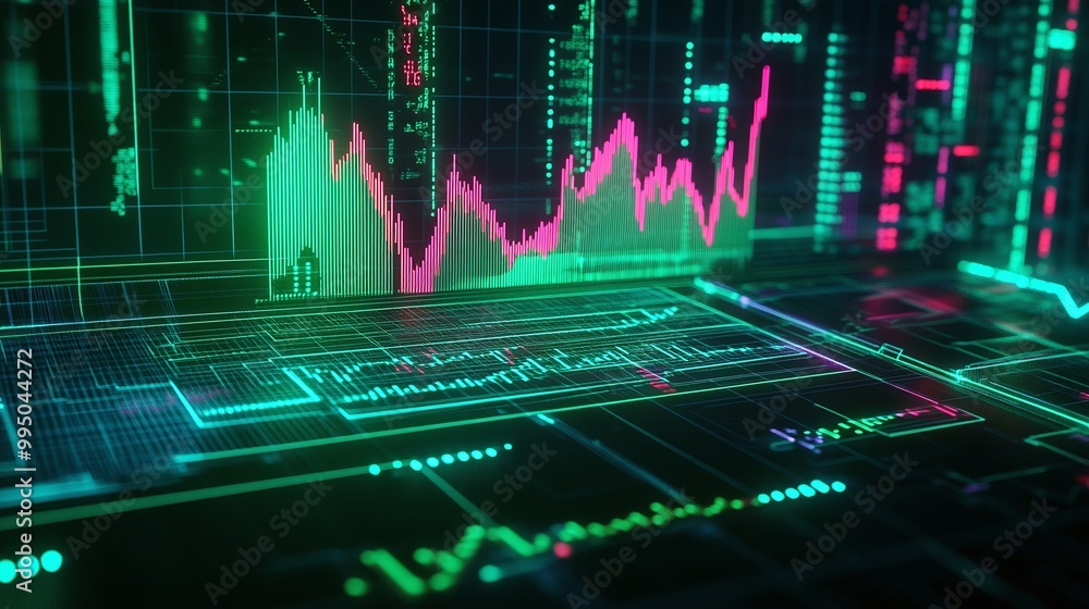 Poster futuristic digital data visualization with graphs and indicators on a screen.