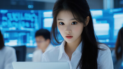 A focused Asian Singaporean girl in smart business attire, intently engaged with her laptop in a chic modern office.