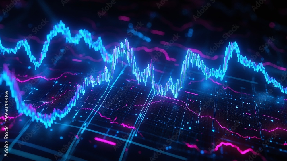 Poster futuristic digital data visualization with vibrant blue and pink wave patterns.