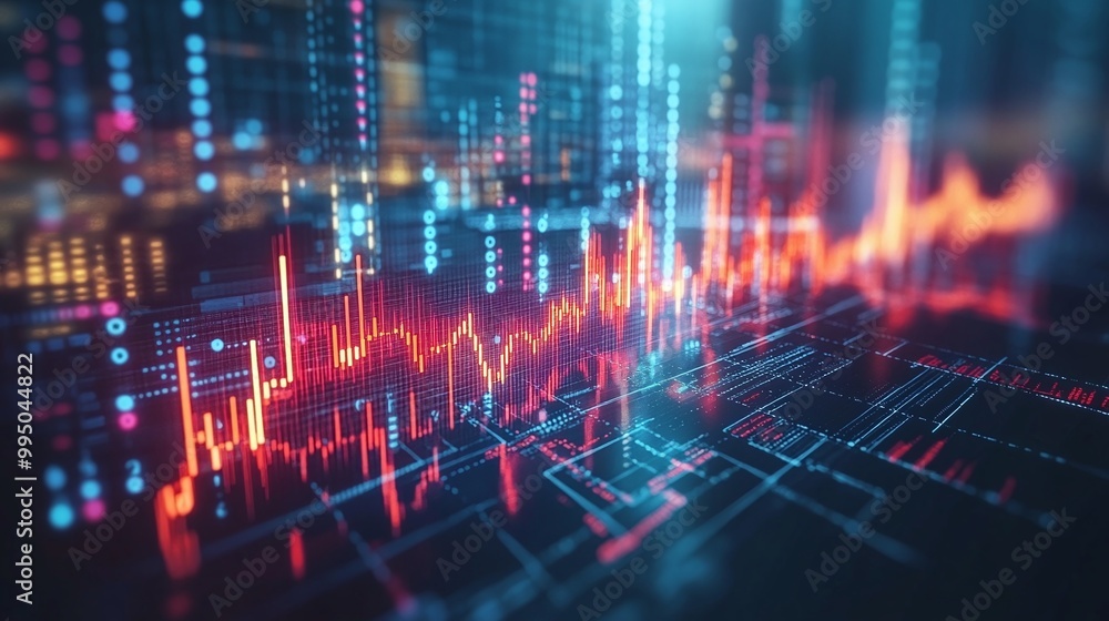 Poster futuristic digital data visualization with vibrant graphs and charts on a dark background.