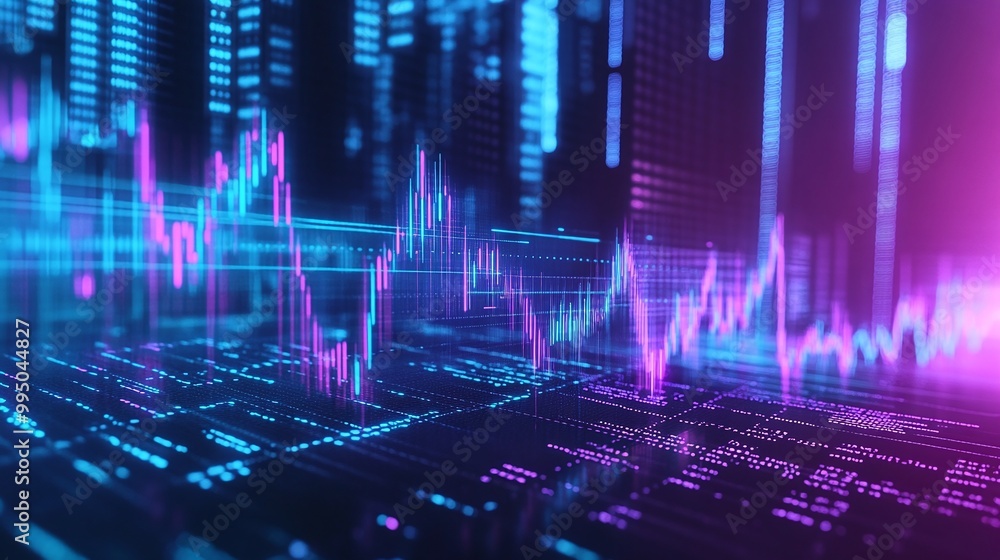 Poster futuristic digital data visualization with vibrant colors showcasing trends and analytics.