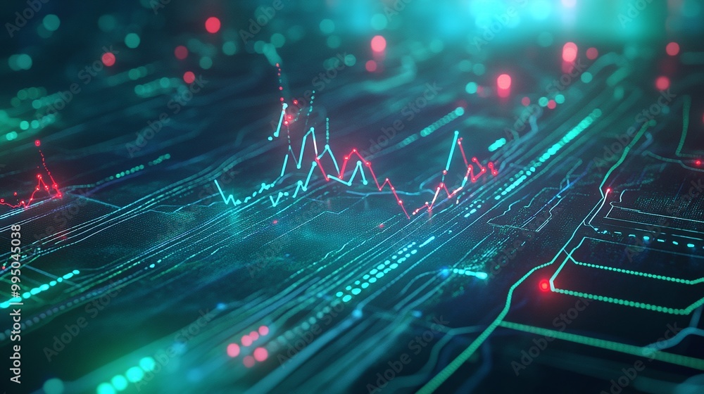 Poster futuristic digital data visualization with vibrant neon colors and intricate patterns, showcasing te