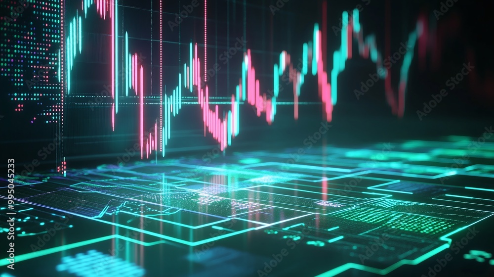 Poster futuristic digital financial chart with glowing lines and data visualization on a dark background.