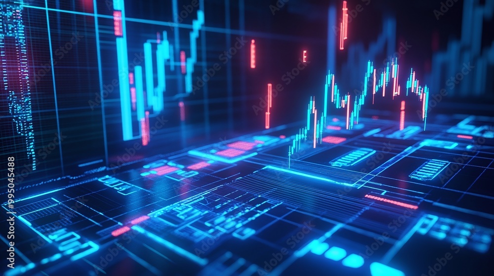 Poster futuristic digital financial data display with glowing charts and metrics on a dark background.