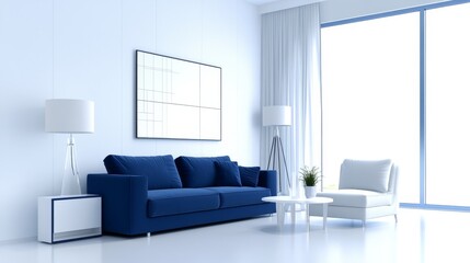Modern living room interior design featuring a blue sofa, white armchair, large window, and sleek decor.  Bright, minimalist, and comfortable.