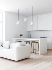 Modern Living Room and Kitchen Design with Architect showcasing a spacious, minimalist aesthetic with a white sofa, bar stools, pendant lighting, and natural wood floors.
