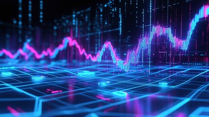Futuristic digital financial graph with vibrant colors and grid pattern, representing data analysis and stock market trends.