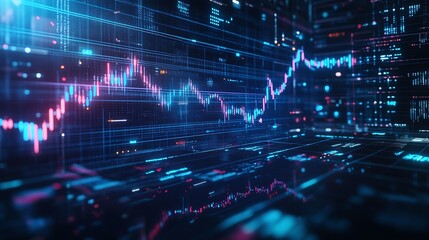 Futuristic digital financial graph with vibrant colors, showcasing stock market trends against a dark background.