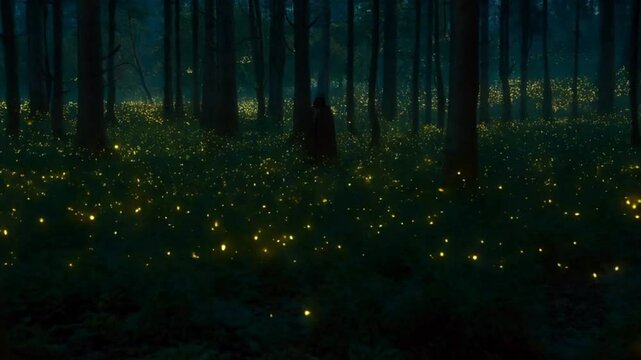 A dark forest filled with glowing fireflies and strange sounds.