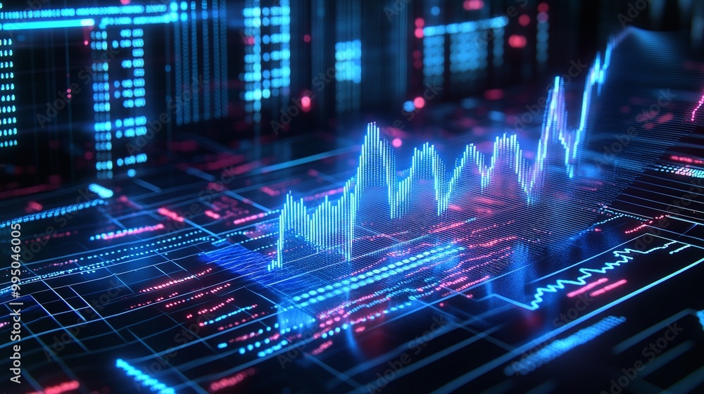 Poster futuristic digital graph showcasing data trends with vibrant blue and red elements on a virtual inte