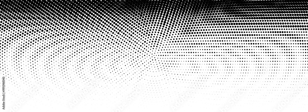 Poster Dotted halftone gradient texture. Fading wave polka dot background. Dot curved circular pattern wallpaper. Black and white comic pop art overlay backdrop. Halftone raster effect background. Vector