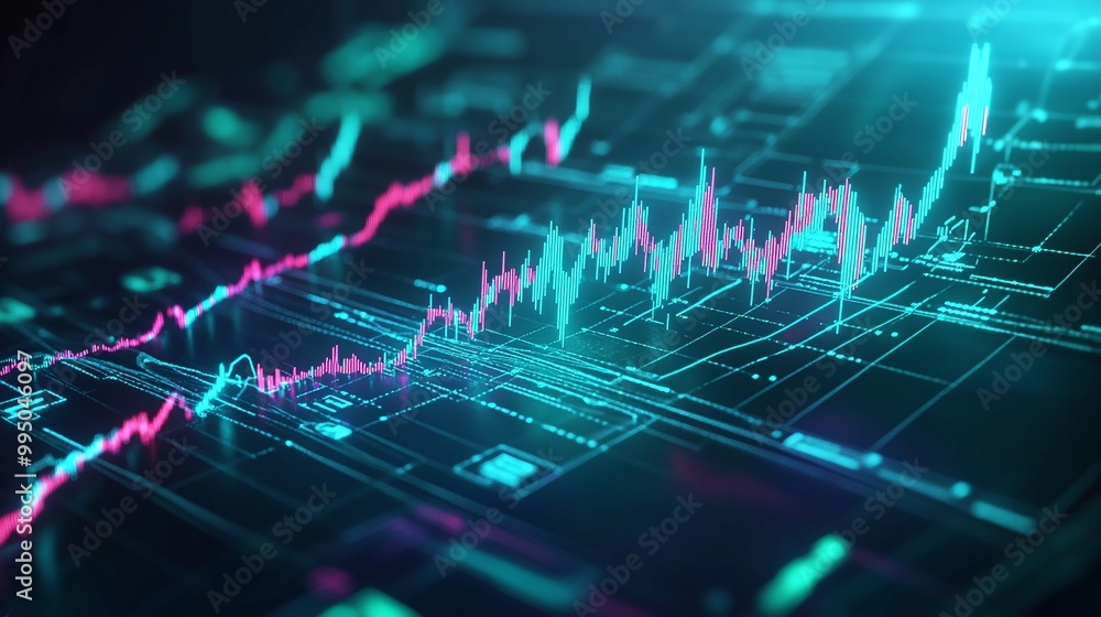 Poster futuristic digital graph showcasing market trends with vibrant colors and intricate data patterns.