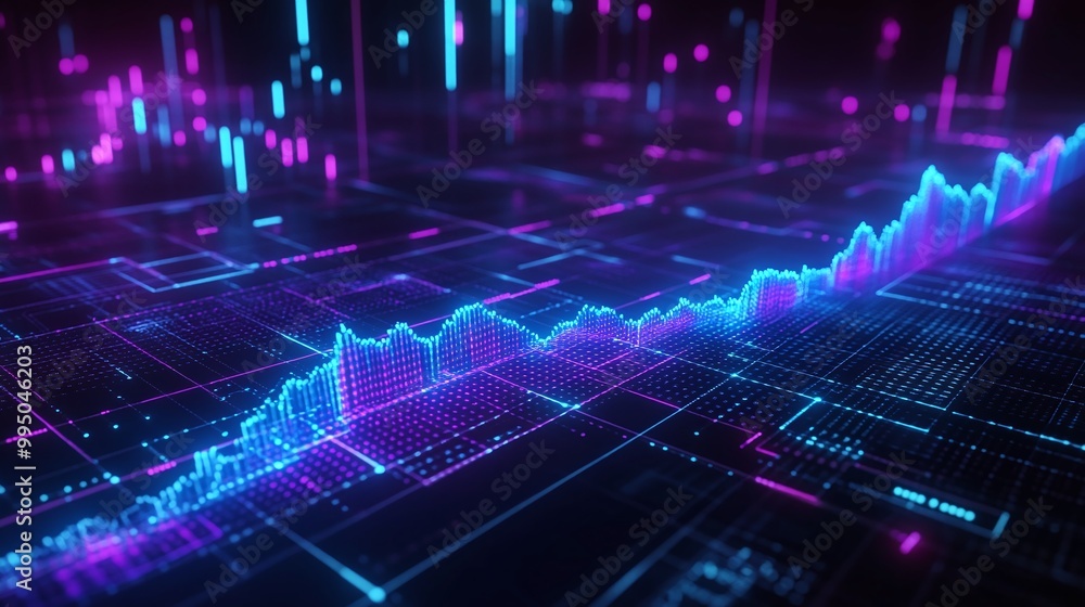 Poster futuristic digital graph with vibrant colors representing data trends and analytics.
