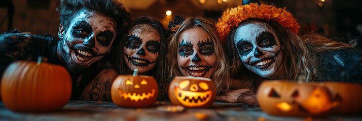 Friends in spooky makeup celebrate Halloween.