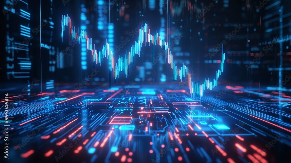Poster futuristic digital interface displaying data trends, colorful graphs and fluctuating lines in a tech