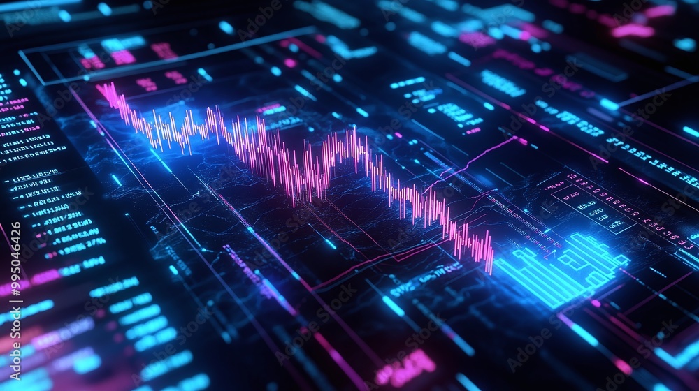 Poster futuristic digital interface displaying data trends, graph analysis in vibrant neon colors against a