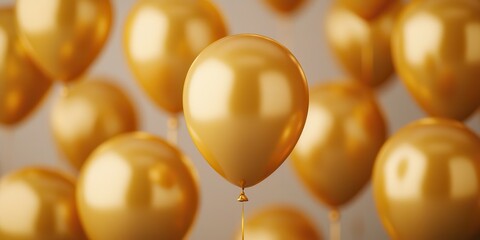 Shiny golden balloons float gently, creating a festive and cheerful atmosphere, perfect for celebrations and special occasions.