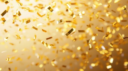 A vibrant display of golden confetti falling against a soft, warm background, creating a festive and celebratory atmosphere.