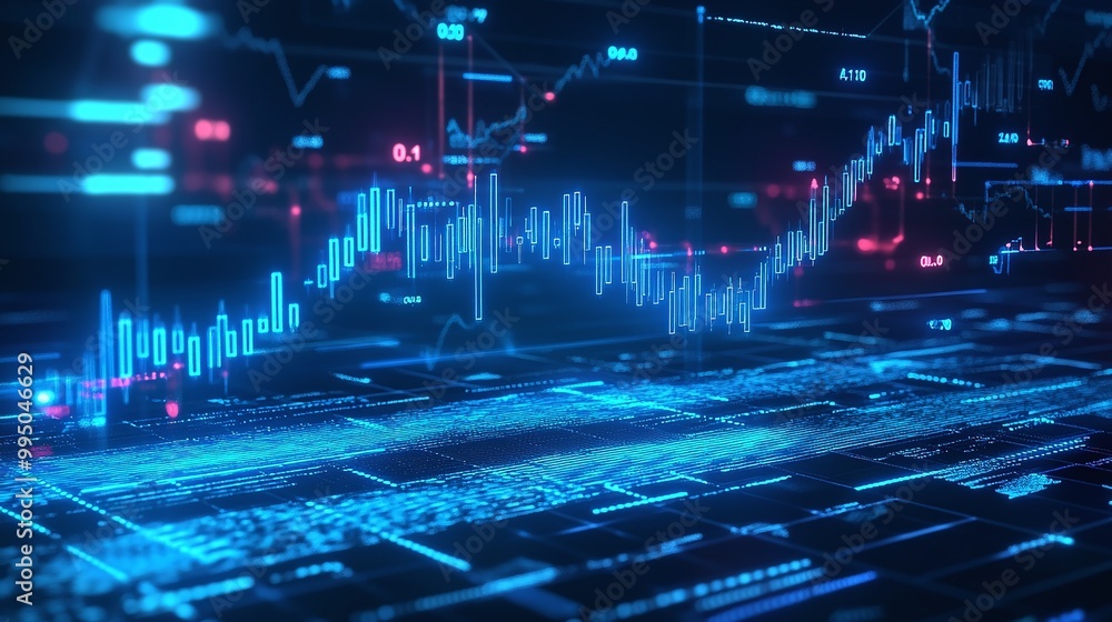 Aufkleber futuristic digital interface showing data and analytics trends in blue and red colors.