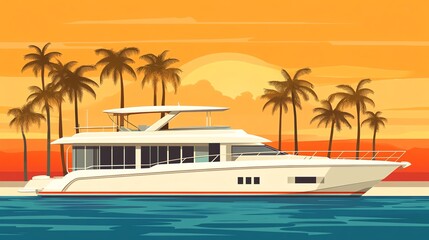Fototapeta premium Luxury yacht sailing on tranquil waters at sunset, surrounded by picturesque palm trees.