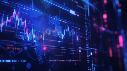 Futuristic digital interface showing fluctuating stock market graphs and data visualization in vibrant blue and pink tones.