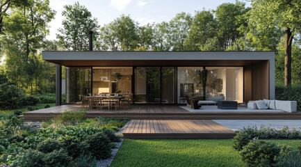 Modern small house with dark gray metal cladding and wooden elements, surrounded by green grass 