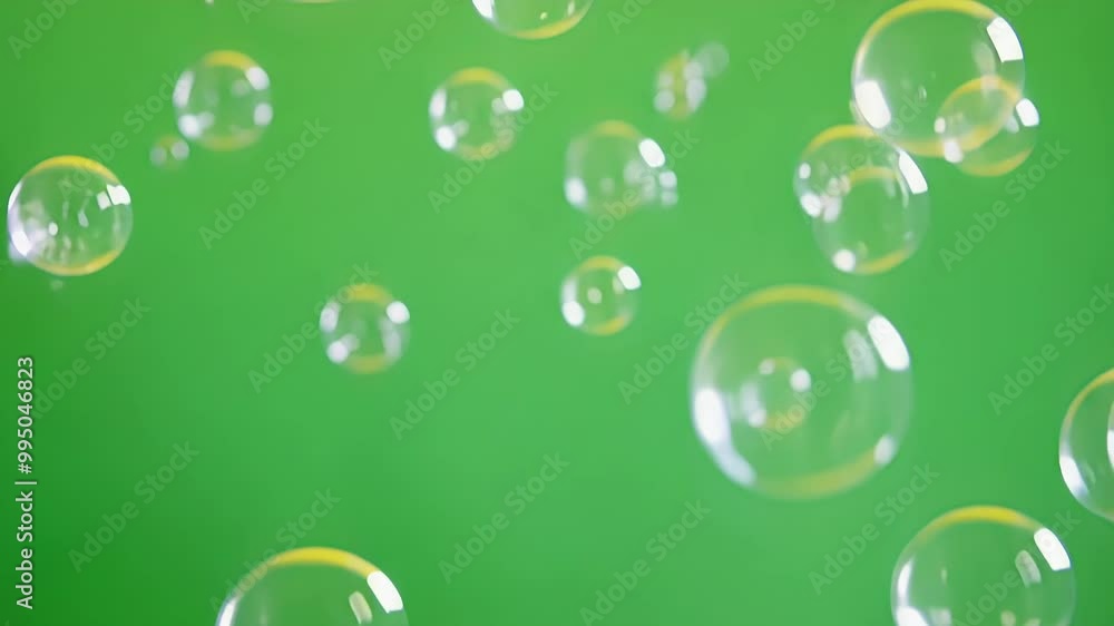 Poster transparent soap bubbles of different sizes, slowly floating upwards on a green screen background. p