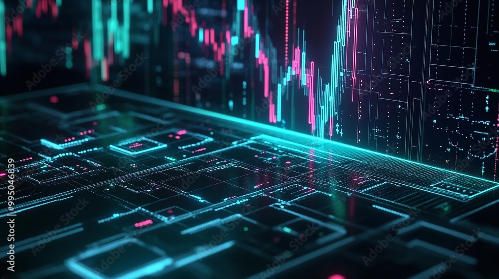 Poster futuristic digital interface with dynamic data visualization in vibrant colors and intricate pattern