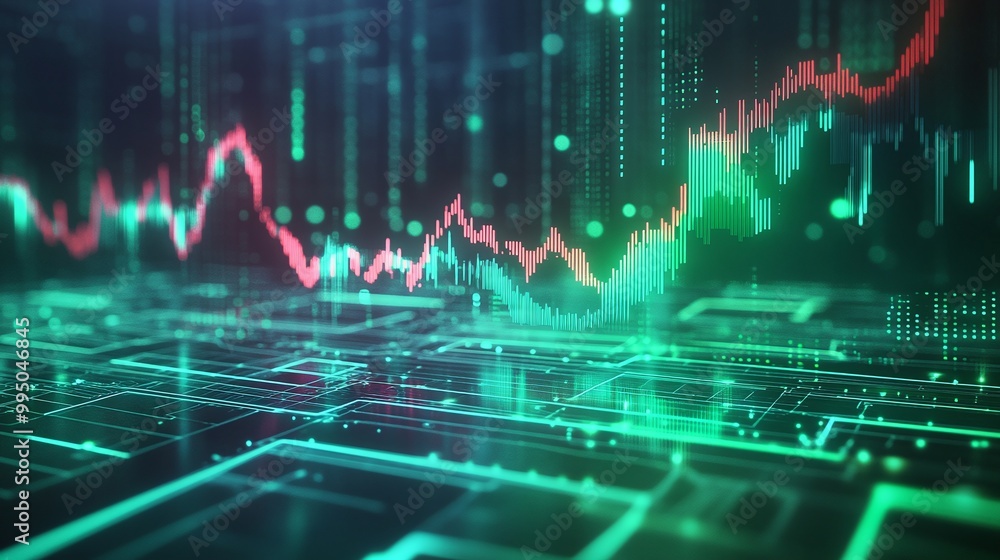 Poster futuristic digital interface with fluctuating data visualizations in green and red colors.